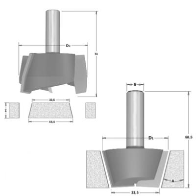 Juego de fresas para reparaciones en Solid Surface D1 47,6 D2 63,5 I20 A15º L68,5-74 S12